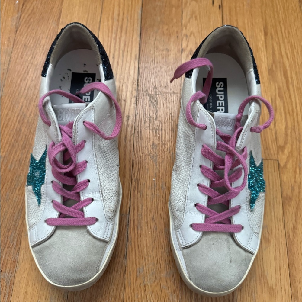 Golden Goose Super-Star Sneakers with Pink Laces and Teal Glitter Star - Picture 2 of 6